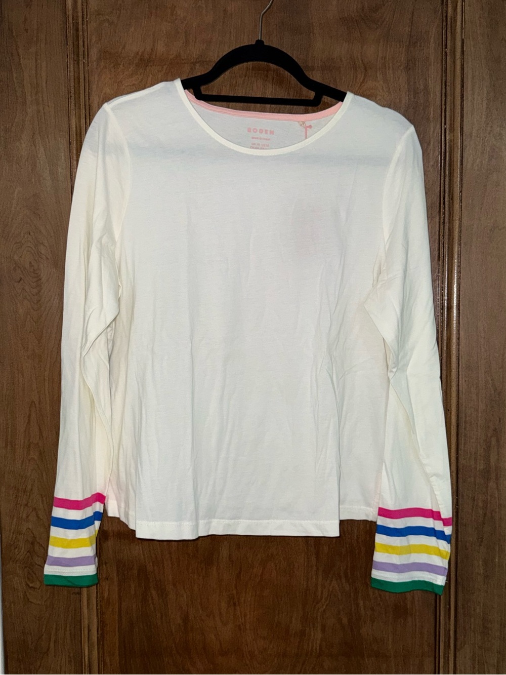 Boden Cream Long-Sleeve Tee with Rainbow Stripe Cuffs